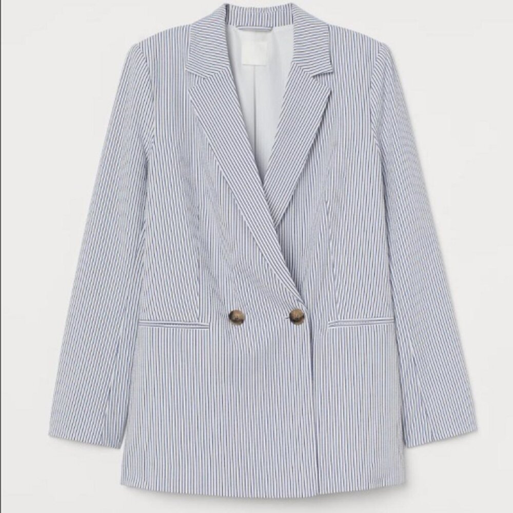 H&M Double-breasted Jacket/Blazer in White/Blue striped size S
